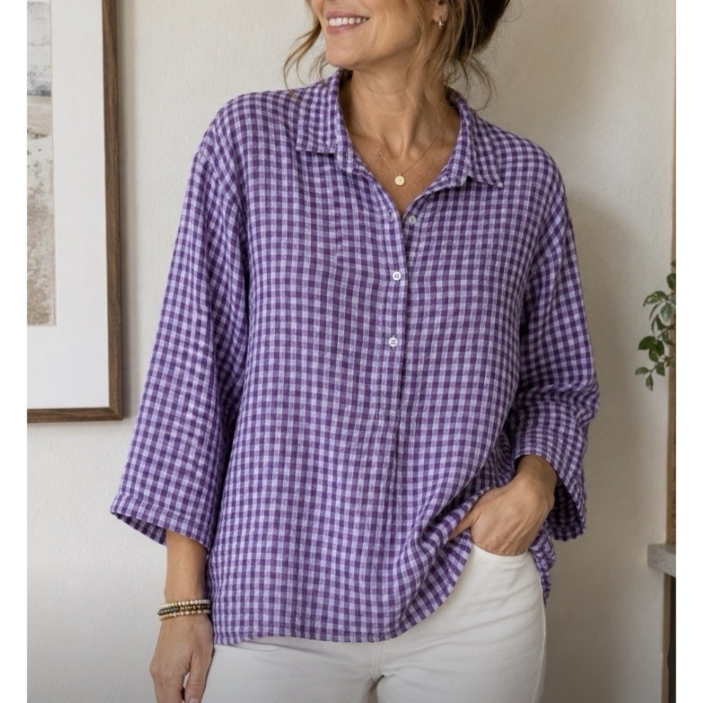 Vermont Country Store 100% Cotton Seersucker Popover Tunic Top Gingham Plaid LG